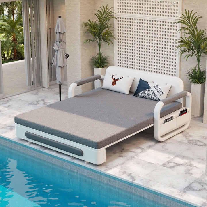 NessCarsti Outdoor Sofa Daybed with Pull-Out Trundle, Convertible Sleeper Couch for Patio or Balcony, 34.6" D x 62.2" W x 34.2" H, Gray/White
