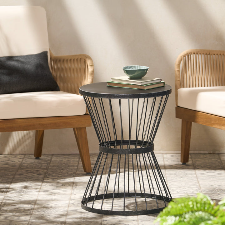 Christopher Knight Home Outdoor Metal Side Table Modern Round Waterproof Patio Accent Table w/Hourglass Frame Open-Cage Design for Garden Balcony Backyard (Matte Black)