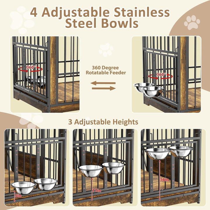 71 Inch Double Dog Crates Furniture for Large Dogs, Heavy Duty Dog Kennel Indoor with Adjustable Divider and 4 Bowls, XXL Dog Cage Furniture TV Stand Table for 2 Large Dogs, Brown