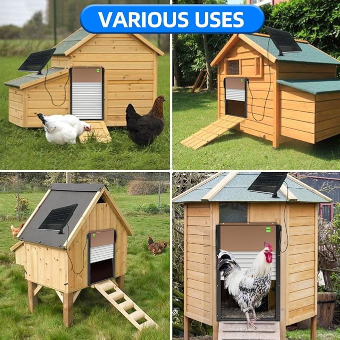 Automatic Chicken Coop Door Solar Powered with Timer, Programmable Light Sensor Openers with Remote Control, Anti-Pinch Aluminum Auto Chicken Coops Doors with 5 Modes for Farm, Outdoor, Yard, Brown