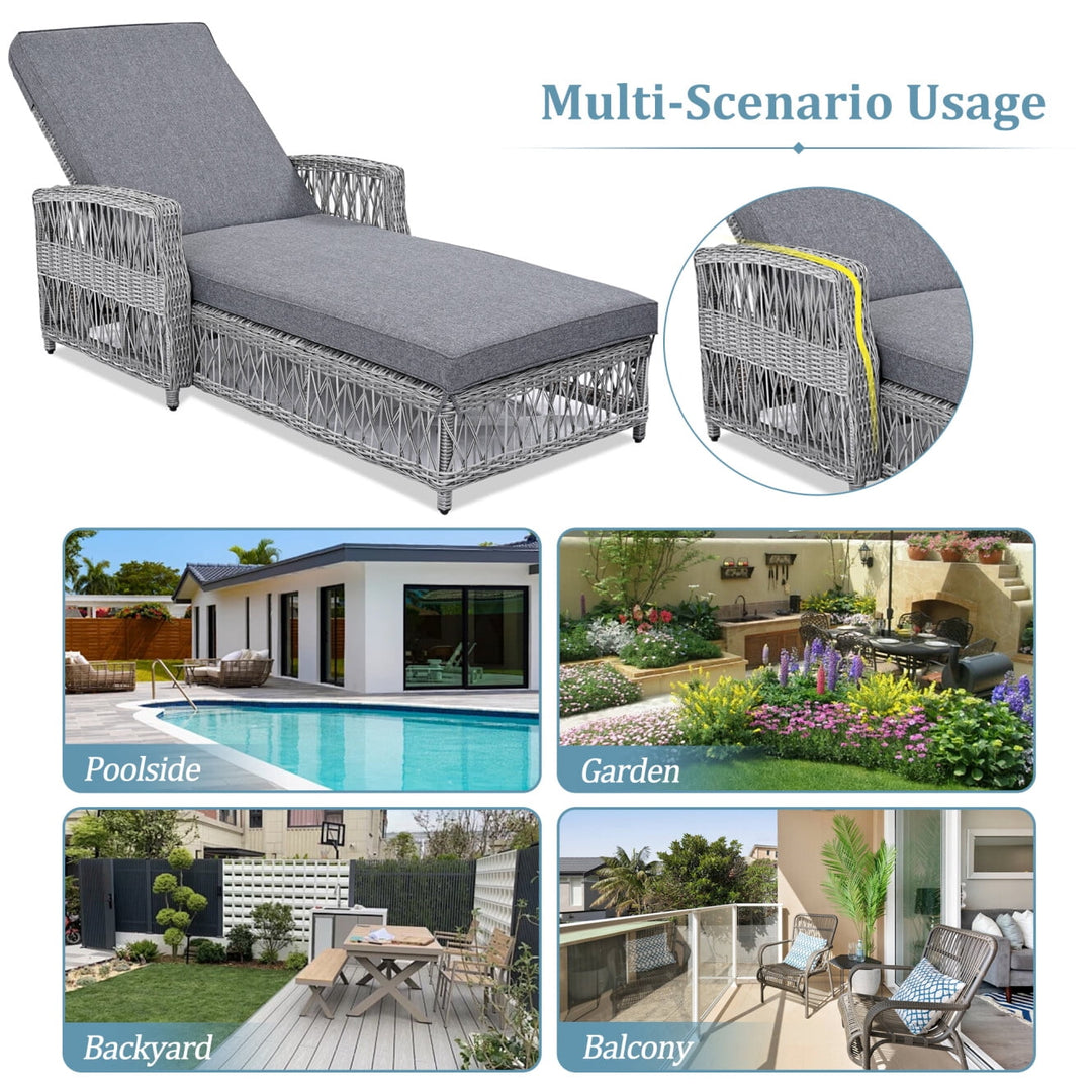 Outdoor Long Reclining Chaise, Wicker Lounge Chairs with 4 Level Position Adjustable Backrest, All Weather Patio Recliner with Armrests & Removable for Poolside Garden, Grey