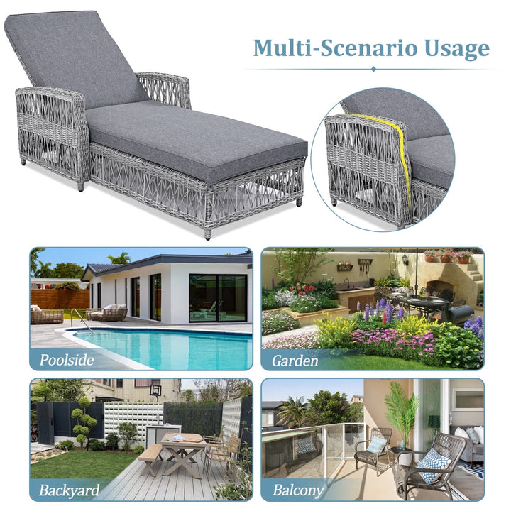Outdoor Long Reclining Chaise, Wicker Lounge Chairs with 4 Level Position Adjustable Backrest, All Weather Patio Recliner with Armrests & Removable for Poolside Garden, Grey