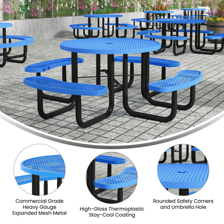 Flash Furniture 46" Round Outdoor Picnic Table with Commercial Heavy Gauge Expanded Metal Mesh Seats and Top with Umbrella Hole and Ground Anchors, Blue