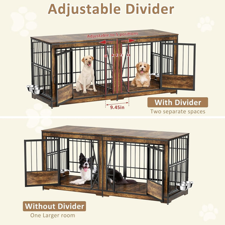 71 Inch Double Dog Crates Furniture for Large Dogs, Heavy Duty Dog Kennel Indoor with Adjustable Divider and 4 Bowls, XXL Dog Cage Furniture TV Stand Table for 2 Large Dogs, Brown