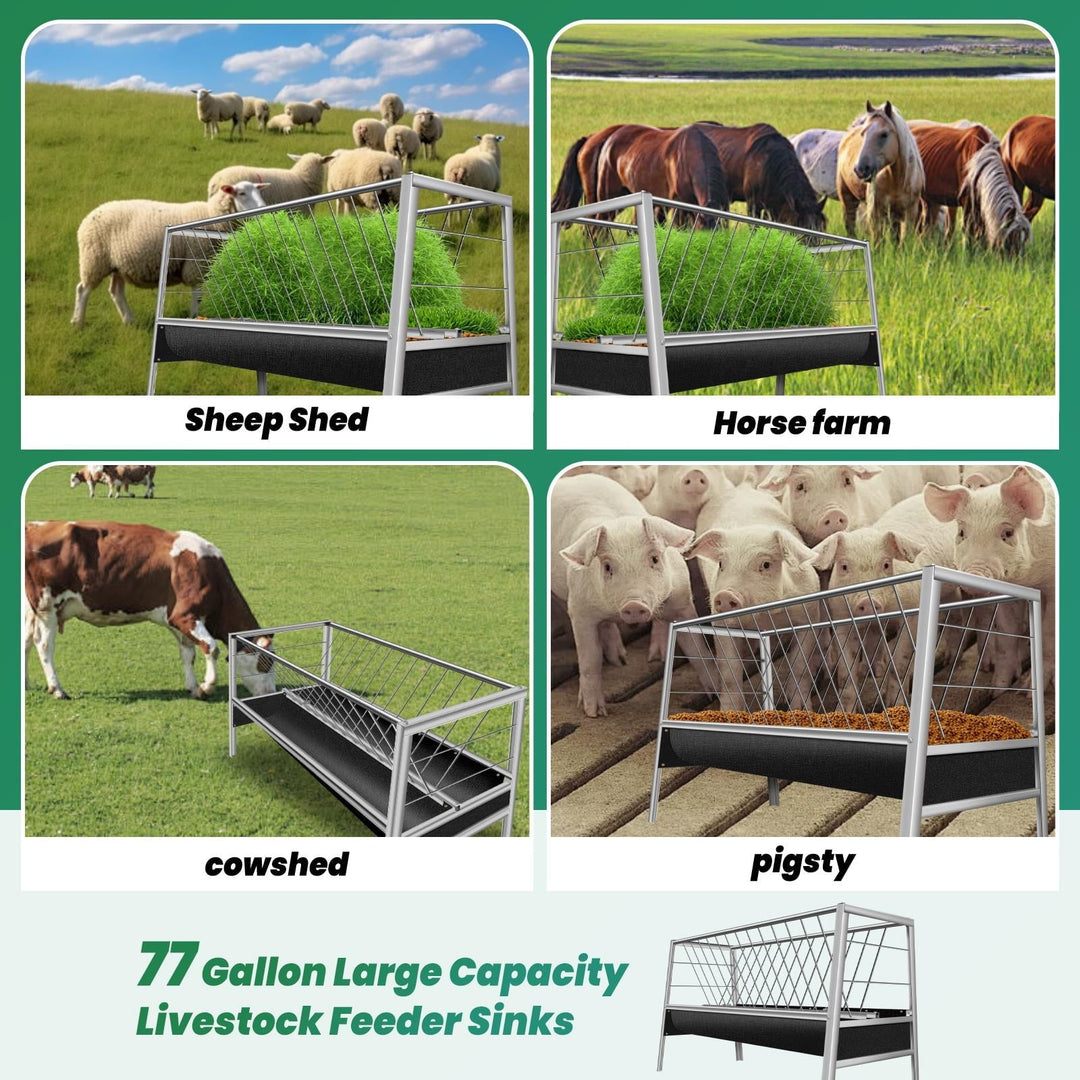 2-in-1 Livestock Feeder for Goats ,77 Gallon Goat Hay Feeder , Stainless Steel with Rubber Grooves Goat Feeder for Sheep, Horses - Rust-Resistant & Large Capacity