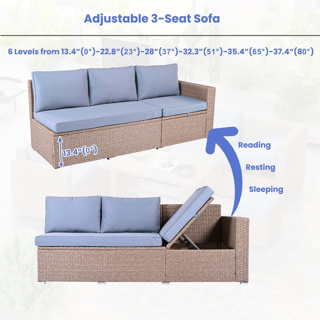 Olurrisa Outdoor 6-Piece All Weather PE Rattan Sofa Set, Garden Patio Wicker Sectional Furniture Set with Adjustable Seat, Storage Box, Removable Covers and Tempered Glass Top Table, Natural