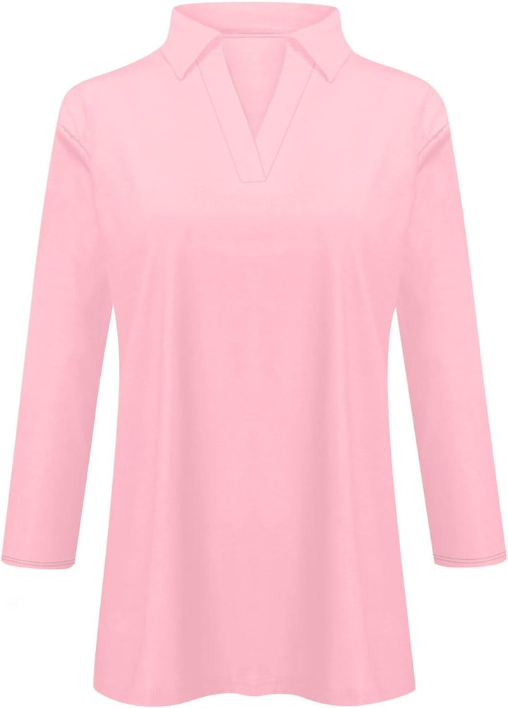 Women'S 3/4 Sleeves V Neck Polo T Shirts 2024 Casual Summer Tops Solid Color Basic Collared Plain Tee Blouses