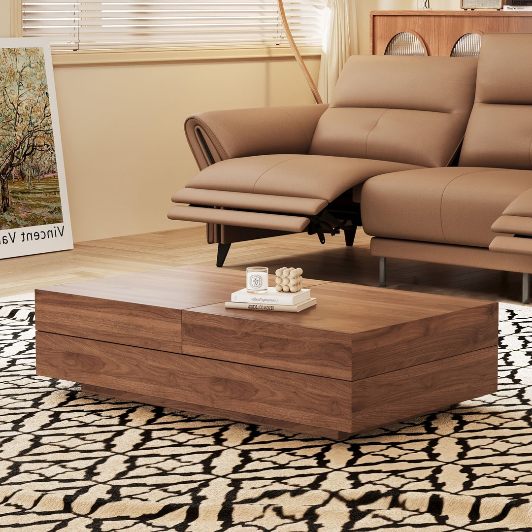 Mid-Century Modern Expandable Coffee Table with Large Storage, Centerpiece for Living Room, Walnut