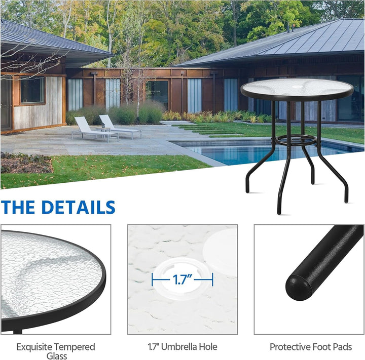 YYEAN  27.4'' Patio Bistro Table Round Outdoor Coffee Table, Round Tempered Glass Top with 1.7'' Umbrella Hole, Iron Frame for Balcony Backyard Lawn and Garden