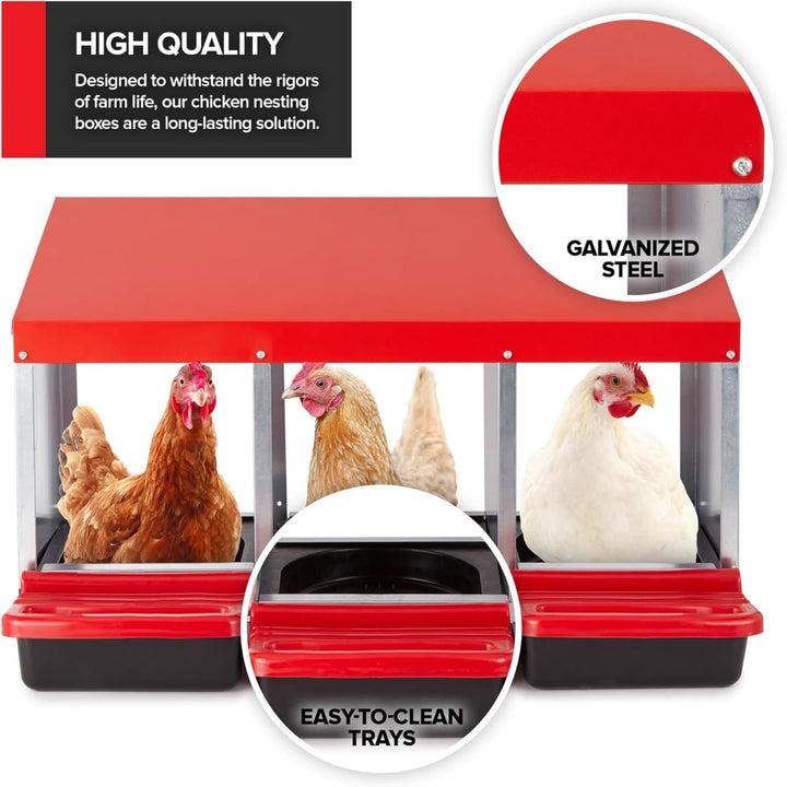ZephyPaws Metal Chicken Nesting Box with Plastic Basket, 3 Compartments Chickens Egg Laying Nest Boxes with Roll Out Egg Collection for Hens Chicken Coop, Red