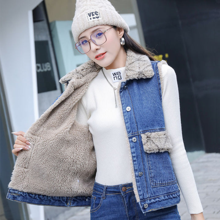 Women's Casual Plaid Plush Denim Cotton Vest