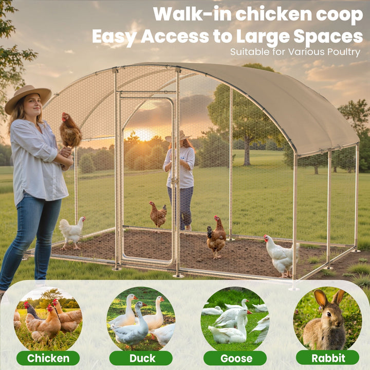 Large Metal Chicken Coop with Roof and Run for 6-10 Chickens, Walk-in Outdoor Chicken Runs for Yard with Waterproof Cover