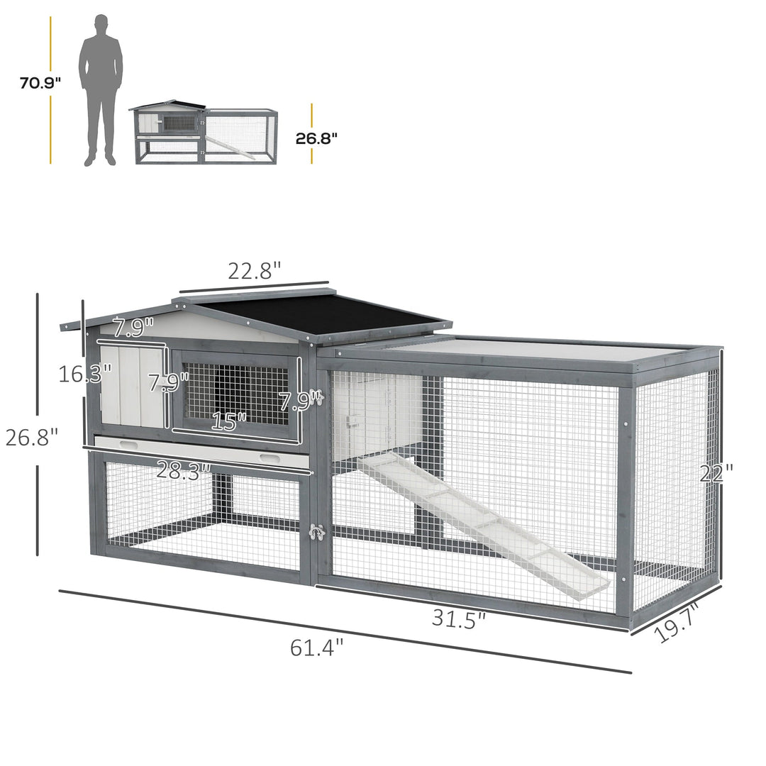 Historyli Go5H Large Wooden Rabbit Hutch, 2-Tier 61.4" Weather-Resistant Rabbit Cage With Feeding Trough, Guinea Pig Hutch With Sliding Tray, Ramp, Asphalt Roof