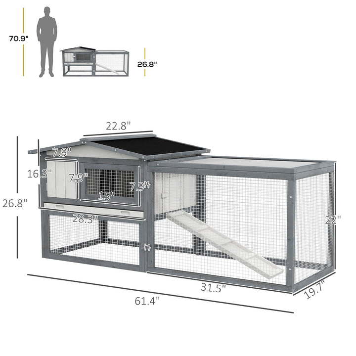 Historyli Go5H Large Wooden Rabbit Hutch, 2-Tier 61.4" Weather-Resistant Rabbit Cage With Feeding Trough, Guinea Pig Hutch With Sliding Tray, Ramp, Asphalt Roof