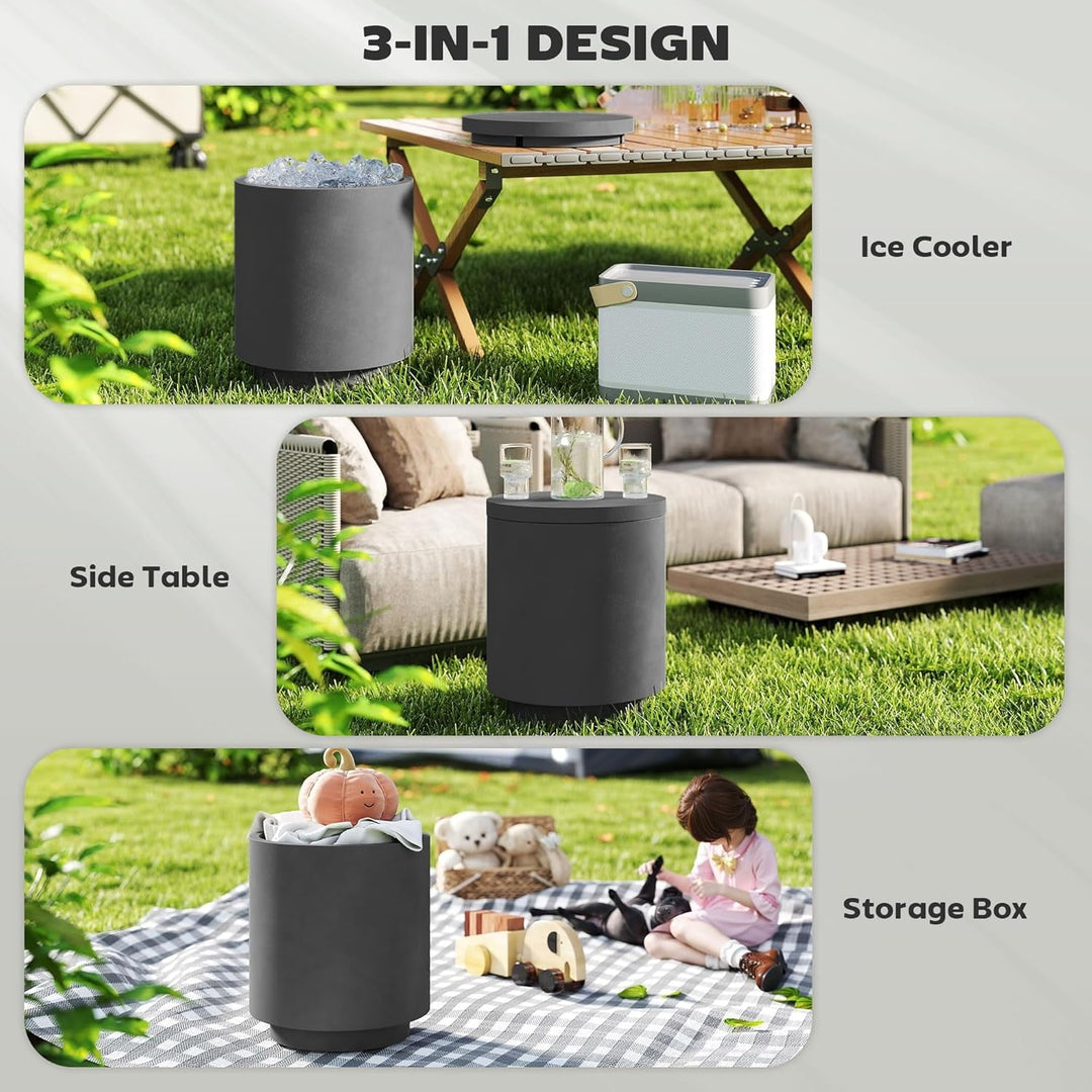 GaoJ 2.6 Gal Outdoor Cooler Side Table, 3-in-1 Cool Coffee Table with Storage, Removable Ice Bucket and Lid, Concrete Small Patio Table for Party, Poolside, Deck, Charcoal Gray
