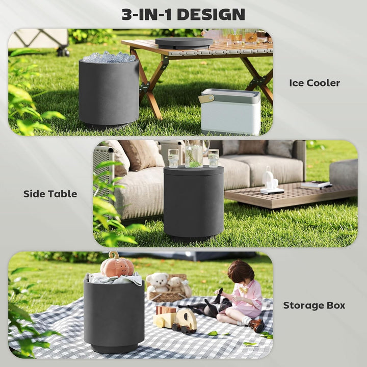 GaoJ 2.6 Gal Outdoor Cooler Side Table, 3-in-1 Cool Coffee Table with Storage, Removable Ice Bucket and Lid, Concrete Small Patio Table for Party, Poolside, Deck, Charcoal Gray