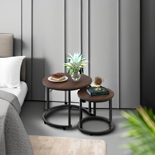 Modern Industrial Round Nesting Coffee Table Set of 2 – Sturdy Metal Frame Side & End Tables for Living Room, Bedroom, Apartment – Simple Nightstand or Centerpiece