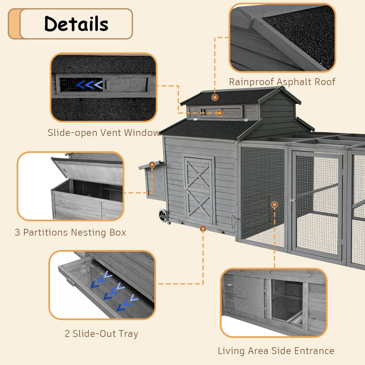 Chicken Coop for 6-10 Chickens, 112" Extal Large Chicken Coops, with Chicken Run & Nesting Box & Secure Enclosure, Outdoor Wooden Hen House Hutch for Rabbit, Poultry Pet, Duck