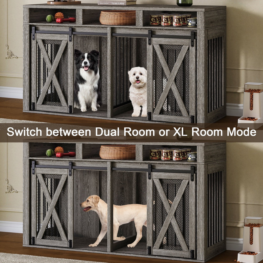63" Double Dog Crate furniture for 2 Large Dogs, Farmhouse Style Dog Cage TV Stand with Sliding Door, Dog Kennel Indoor with Removable Divider, Grey