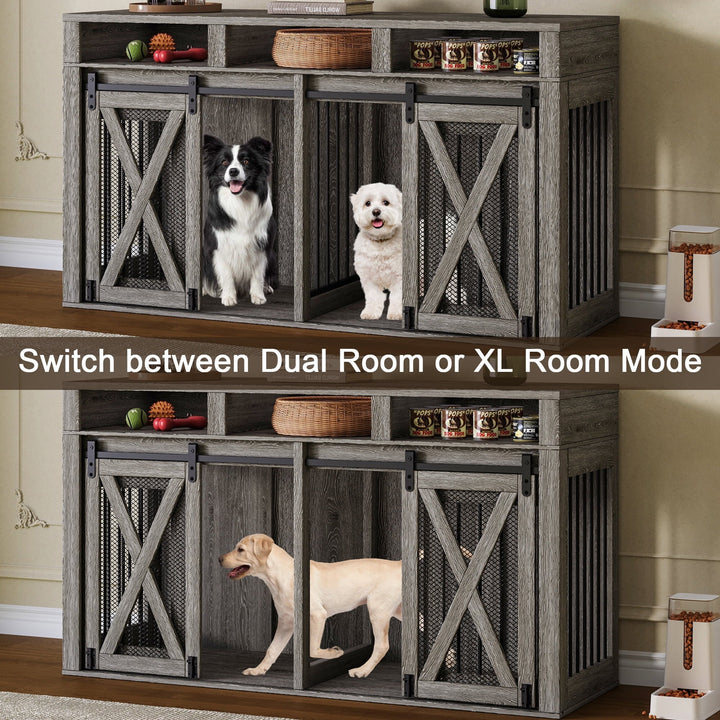 63" Double Dog Crate furniture for 2 Large Dogs, Farmhouse Style Dog Cage TV Stand with Sliding Door, Dog Kennel Indoor with Removable Divider, Grey