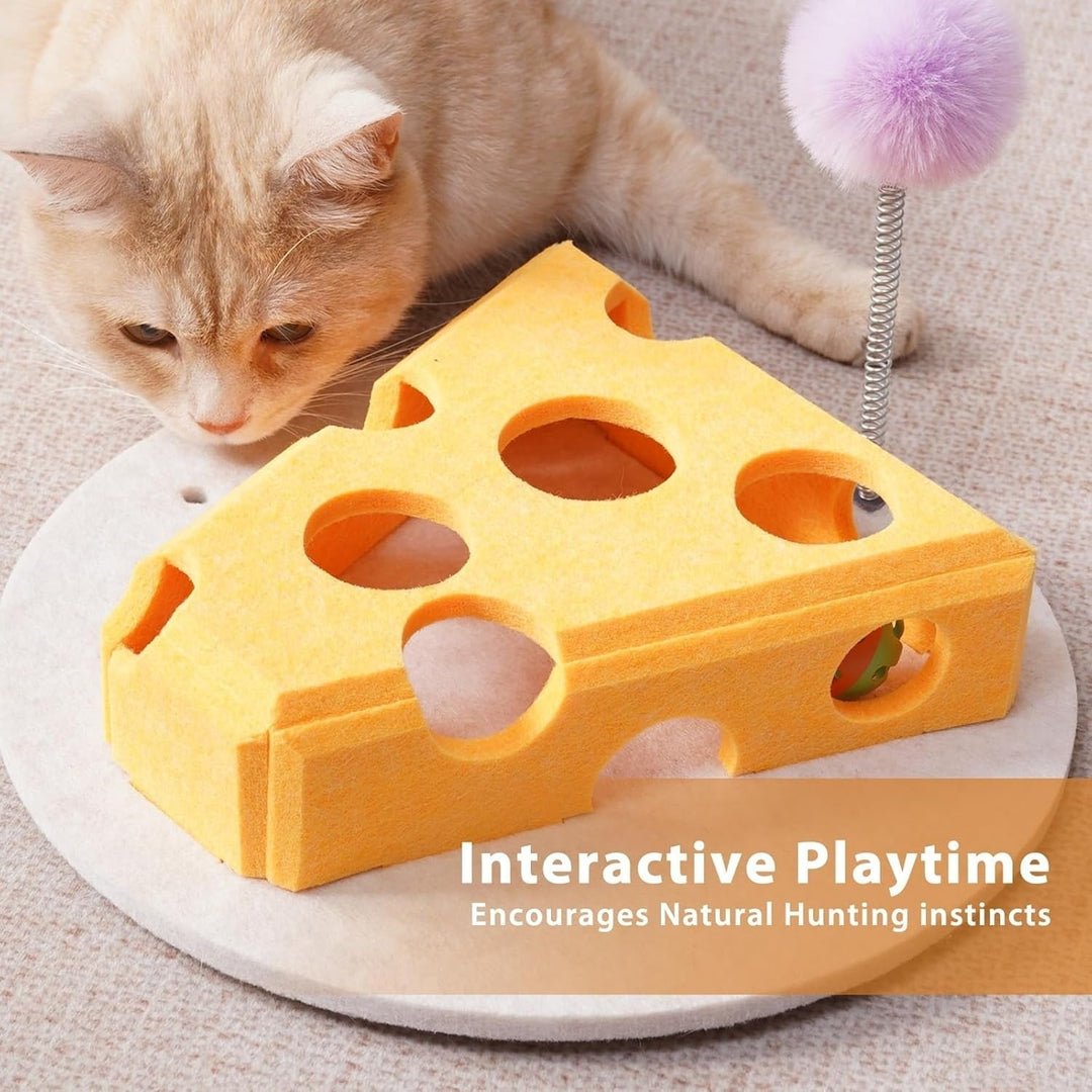 Cat Puzzle Toy with Balls & Spring Teaser – Felt Cat Toy Box for Indoor Cats, Suction Cup Base, Treat Puzzle for Solo Play, Mental Stimulation, Self Play, Hunting & Enrichment (Yellow)