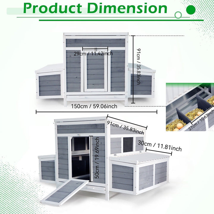 Chicken Coop with 2 Large Nesting Boxes, 59" Chicken Coops, Wooden Hen House for 4-6 Chickens, Outdoor Poultry Cage Duck Coop Weatherproof (Gray)