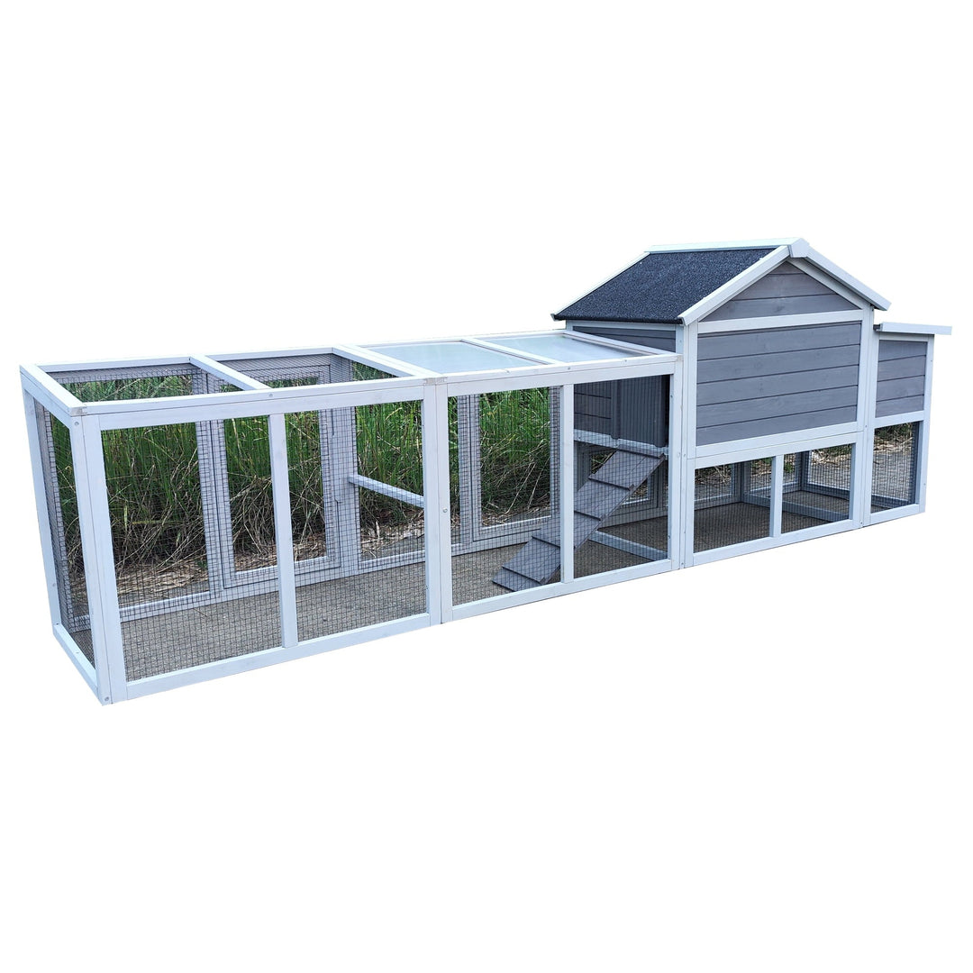 Zephypaws 112" Large Wooden Chicken Coop with Nesting Box, Outdoor Chicken Run Cage, Waterproof Hen House for Backyard, Gray