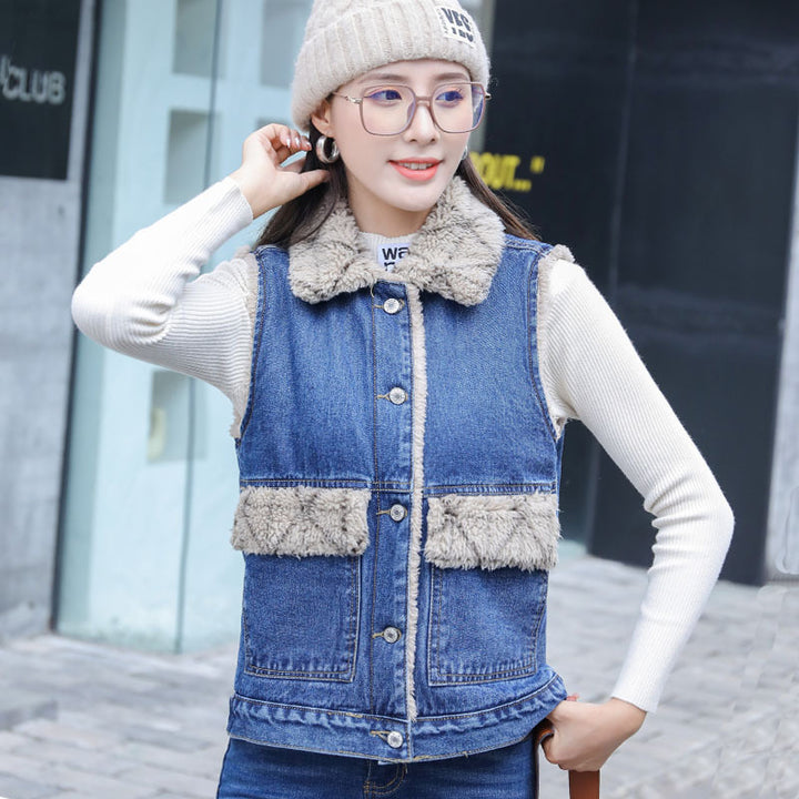 Women's Casual Plaid Plush Denim Cotton Vest