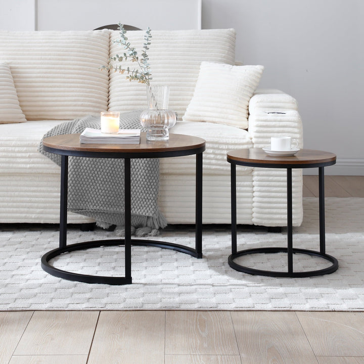 Funnil Nesting Coffee Table Set of 2, Wooden Round Coffee Table Set, Modern Circle Side Table, Accent End Side Table for Living Room, Office, Balcony, Brown