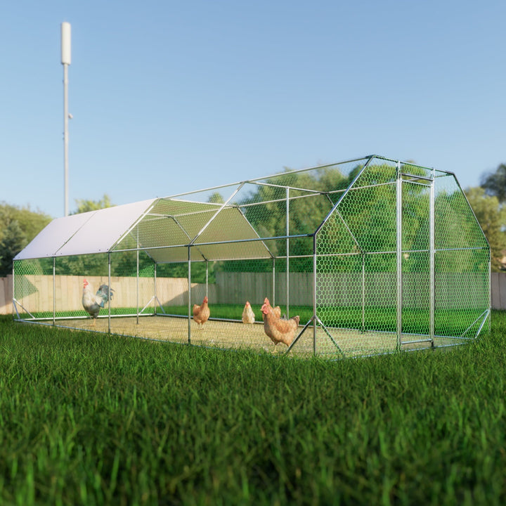 Coowa Galvanized Large Metal Walk-in Chicken Coop Cage Farm Poultry Run Hutch Hen House 9.94 ft x 25.68 ft