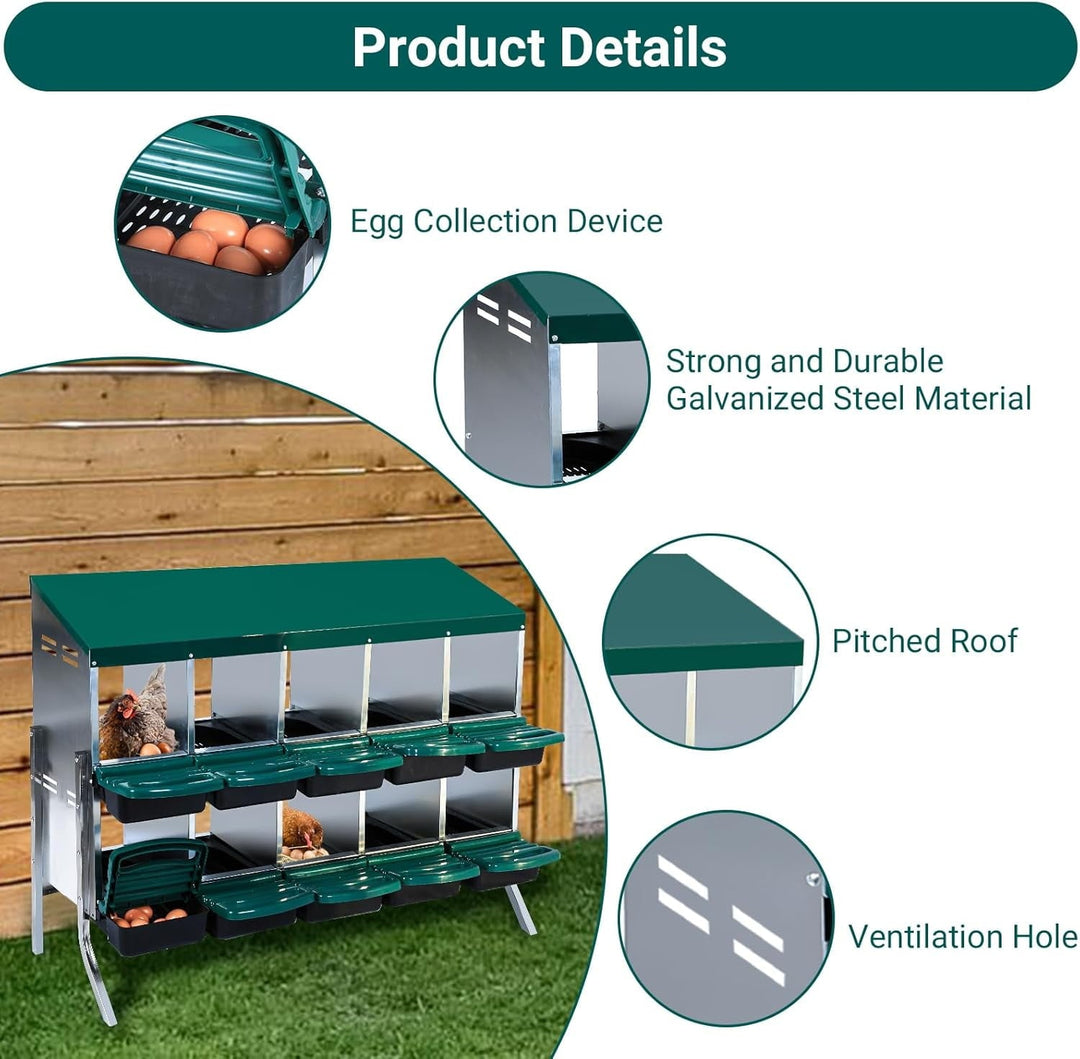 Pinypikaka Chicken Nesting Box with Bracket Legs, 10 Compartments Nesting Boxes for Chickens, Chicken Laying Boxes, Roll Away Nesting Box for Chickens Laying Egg with Lid Cover