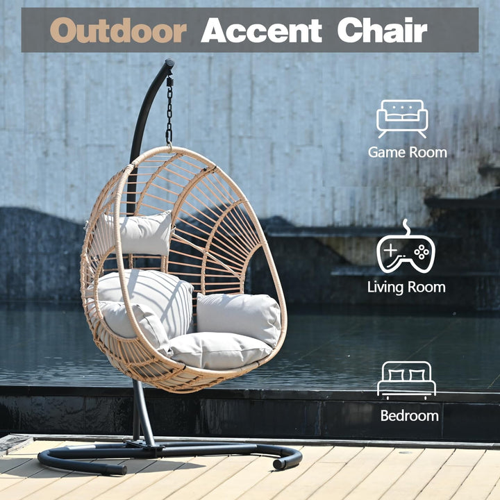 TQKVIPI Oversized Hanging Egg Chair Outdoor Indoor, Wicker Swing Egg Chair with Stand  Rain Cover UV Resistant Cushion 400lbs Capacity for Bedroom, Patio, Garden and Balcony (Beige-Regular)