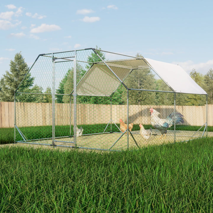 10ft x 13ft Galvanized Walk-In Chicken Coop, Large Metal Poultry Run with UV-Resistant Tarp, Lockable Doors