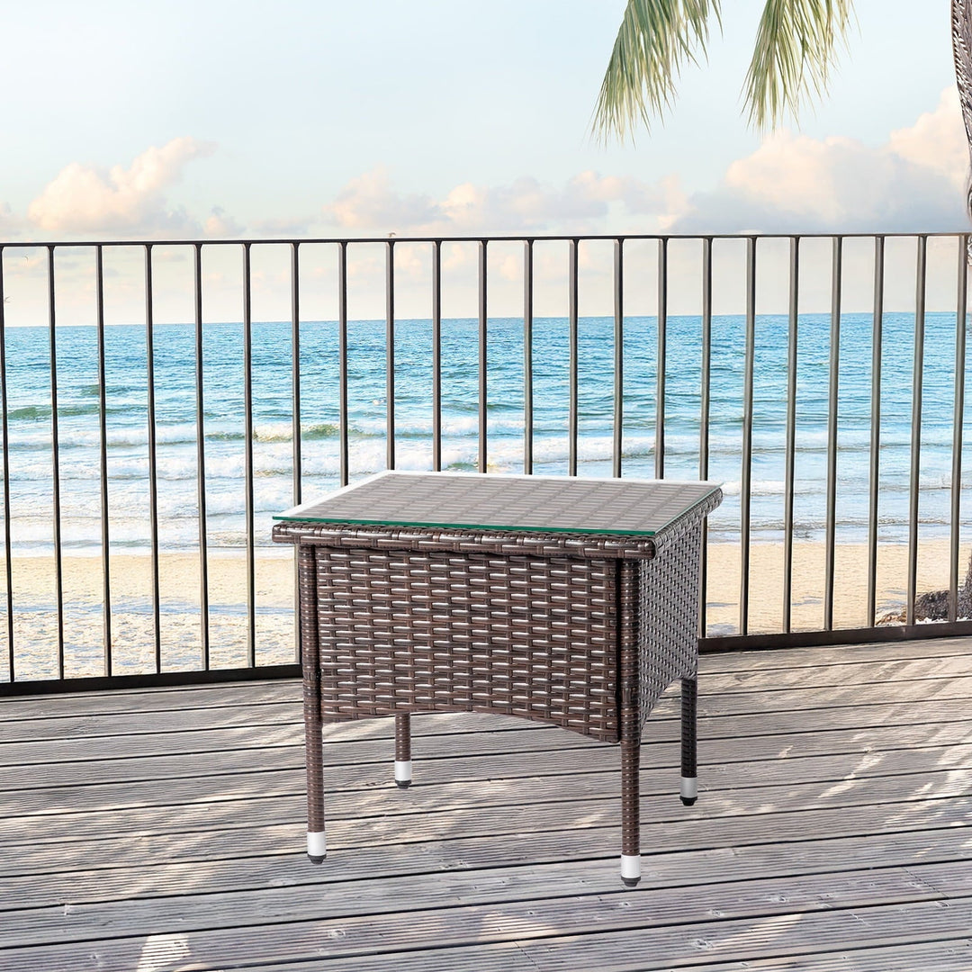 Funnil Patio Wicker Rattan Side Table with Square Tempered Glass Top, All-weather Use Rattan Coffee End Table for Deck, Porch, Garden, Indoor&Outdoor, Brown