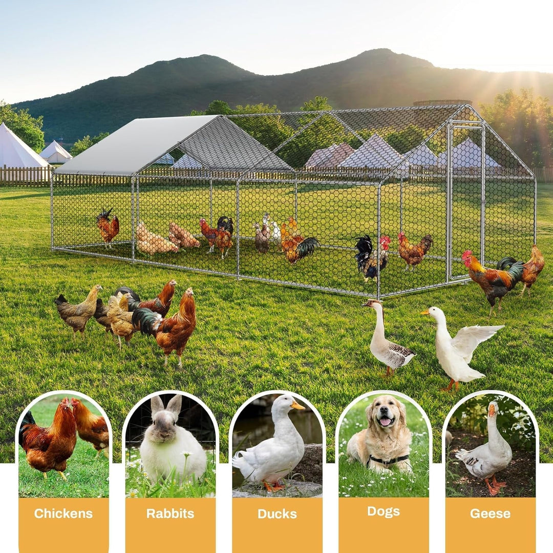 Large Metal Chicken Coop with Walk-in Run, Galvanized Wire Enclosure, and Waterproof UV Protection (10' L x 26' W x 6.56' H)