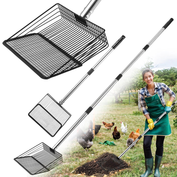 Extra Long Chicken Poop Scooper, 10 in Wide Adjustable Chicken Coop Metal Shovel Cleaning Tool, 64 in Long Handle Cat Litter Scooper