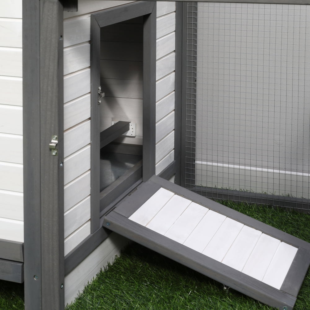 JHSLAJ 77" Wooden Chicken Coop with Nesting Box, Cute Outdoor Hen House with Removable Tray, Ramp Run, for Garden Backyard, Gray