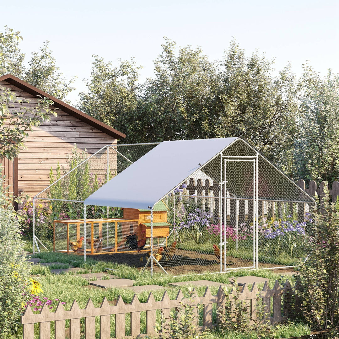 Large Chicken Coop Metal Chicken Run with Waterproof and Anti-UV Cover, Spire Shaped Walk in Fence Cage Hen House for Outdoor and Yard Farm Use, 1" Tube Diameter, 9.8' x 13.1' x 6.6'
