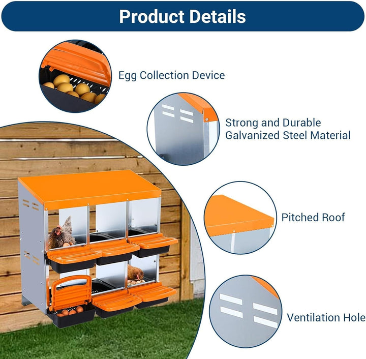 Chicken Nesting Box, 6 Compartments Nesting Boxes for Chickens, Chicken Laying Boxes, Roll Away Nesting Box for Chickens Laying Egg with Lid Cover to Protect Eggs