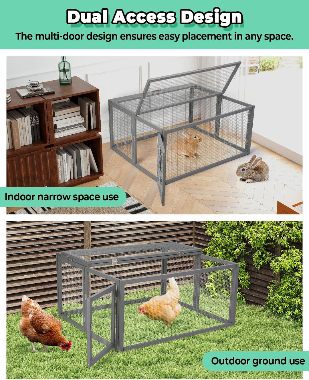 PRZL Chicken Coop Run Rabbit Hutch, Portable Chicken Cage Pens with Top & Side Opening Doors, Folding Wooden Chicken Coop, Outdoor Indoor Small Animal Playpen, Chicken Brooder Box, 45.3Inch (Grey)