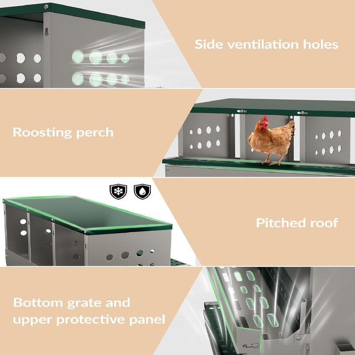 Metal Chicken Nesting Box for Laying Eggs, Rustproof Wall-mountable Roll Away Chicken Laying Boxes for Hens, Waterproof, Ventilated with Perch, 8 Compartments, Green
