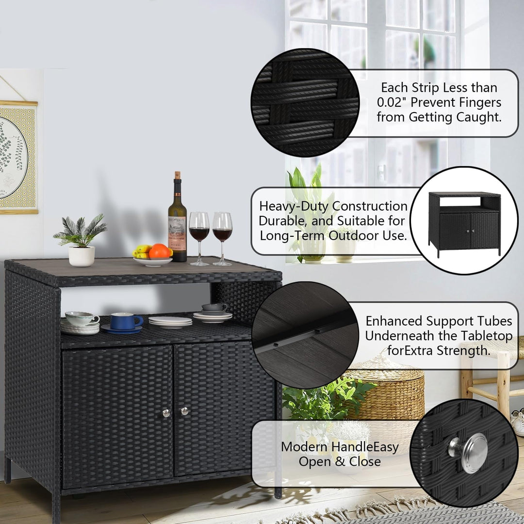 Outdoor Storage Cabinet with Doors, Weatherproof Wicker Patio Storage Box, Rattan Bar Table for Poolside, Backyard & Garden