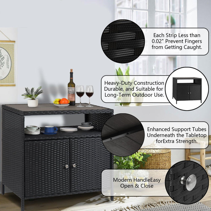 Outdoor Storage Cabinet with Doors, Weatherproof Wicker Patio Storage Box, Rattan Bar Table for Poolside, Backyard & Garden