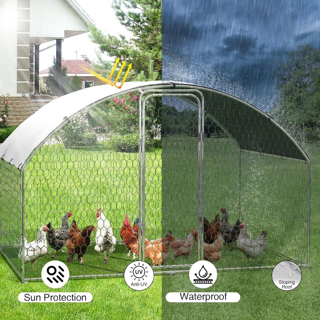 Pinypikaka Metal Chicken Coop, 9.8' x 6.5' x 6.5' Large Chicken Coop with Waterproof and Anti-UV Cover, Walk-in Poultry Cage with Run, Doom Roof Duck Rabbit House for Outdoor Backyard Farm