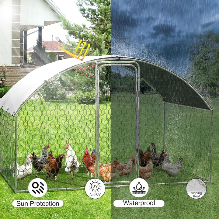 Pinypikaka Metal Chicken Coop, 9.8' x 6.5' x 6.5' Large Chicken Coop with Waterproof and Anti-UV Cover, Walk-in Poultry Cage with Run, Doom Roof Duck Rabbit House for Outdoor Backyard Farm