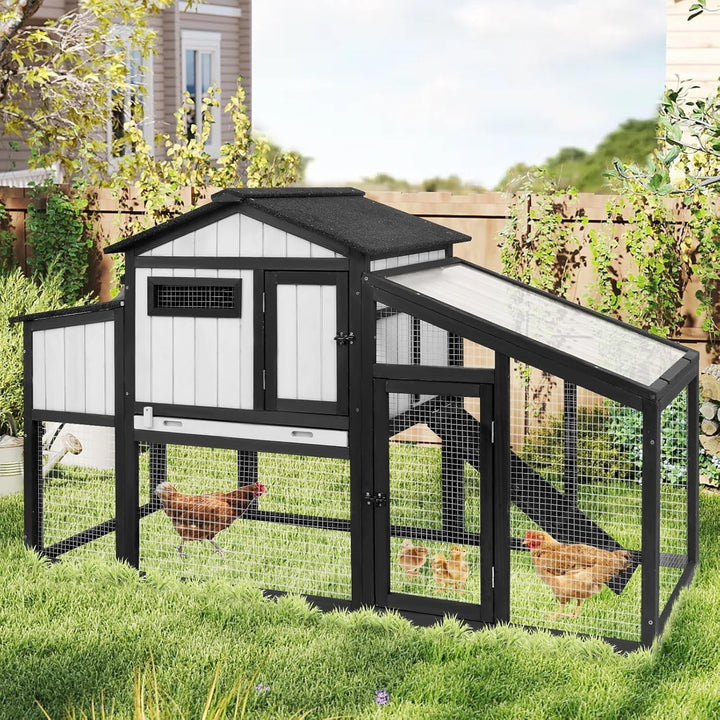65.3"L Chicken Coop and Run, Expandable Wooden Hen House for 1-2 Chickens, 2 Story Poultry Cage with Nesting Box, Pull-Out Tray, Perches Indoor/Outdoor Pet Hutch Backyard Use, Combinable, Black