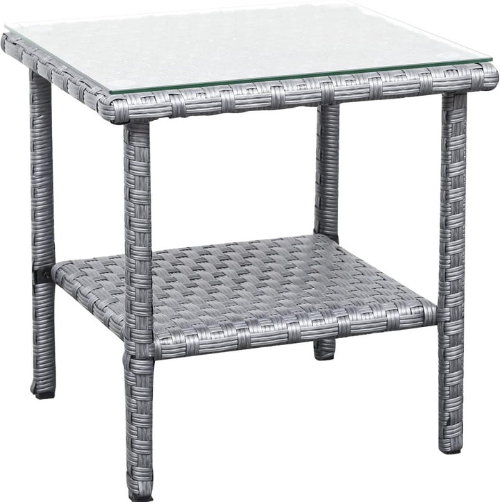 Outdoor Wicker Glass Top Side Table - Patio Rattan Square End Table with Storage, Grey