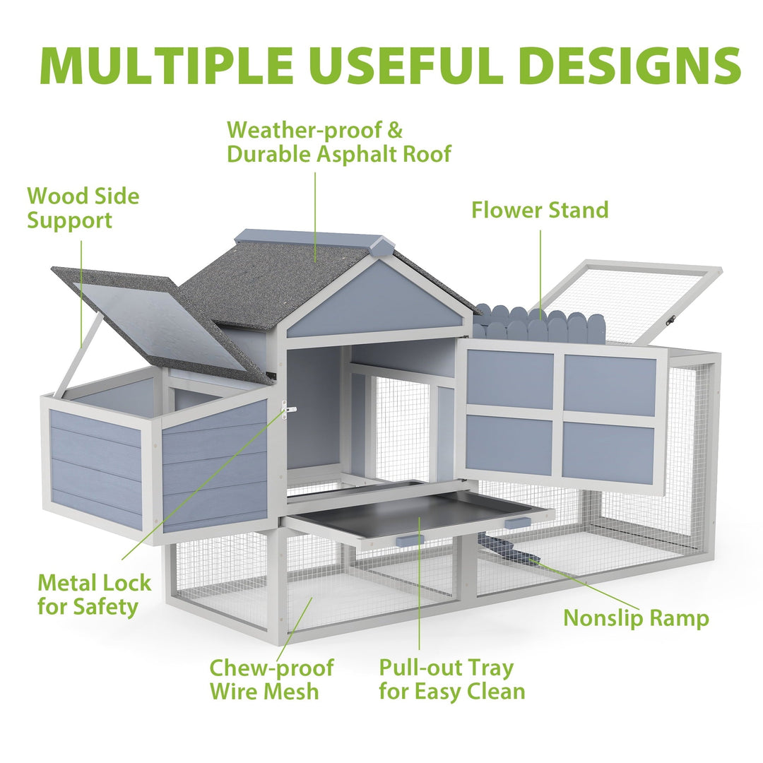 80" Outdoor Wood Chicken Coop, 2-Tier Hen House with Nesting Box, Resting Area, Run, Planter, Openable PVC Roof, Doors, Easy-to-Clean Tray, Backyard Patio Poultry Habitat, Gray