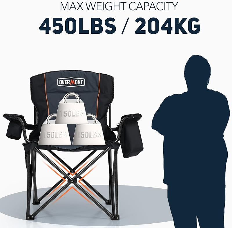 Oversized Folding Camping Chair - 450lbs Support with Padded Cushion Cooler Pockets - Heavy Duty Collapsible Chairs for Sports Garden Beach Fishing