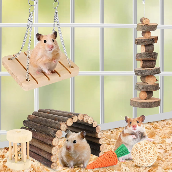 Hamster Chew Toys Rabbit Toys  Guinea Pig Chew Toys Set ,Hamster Molar Toys Teeth Toy ,Swing Seesaw Bridge for Chinchillas Bunnies (wood 58pcs)
